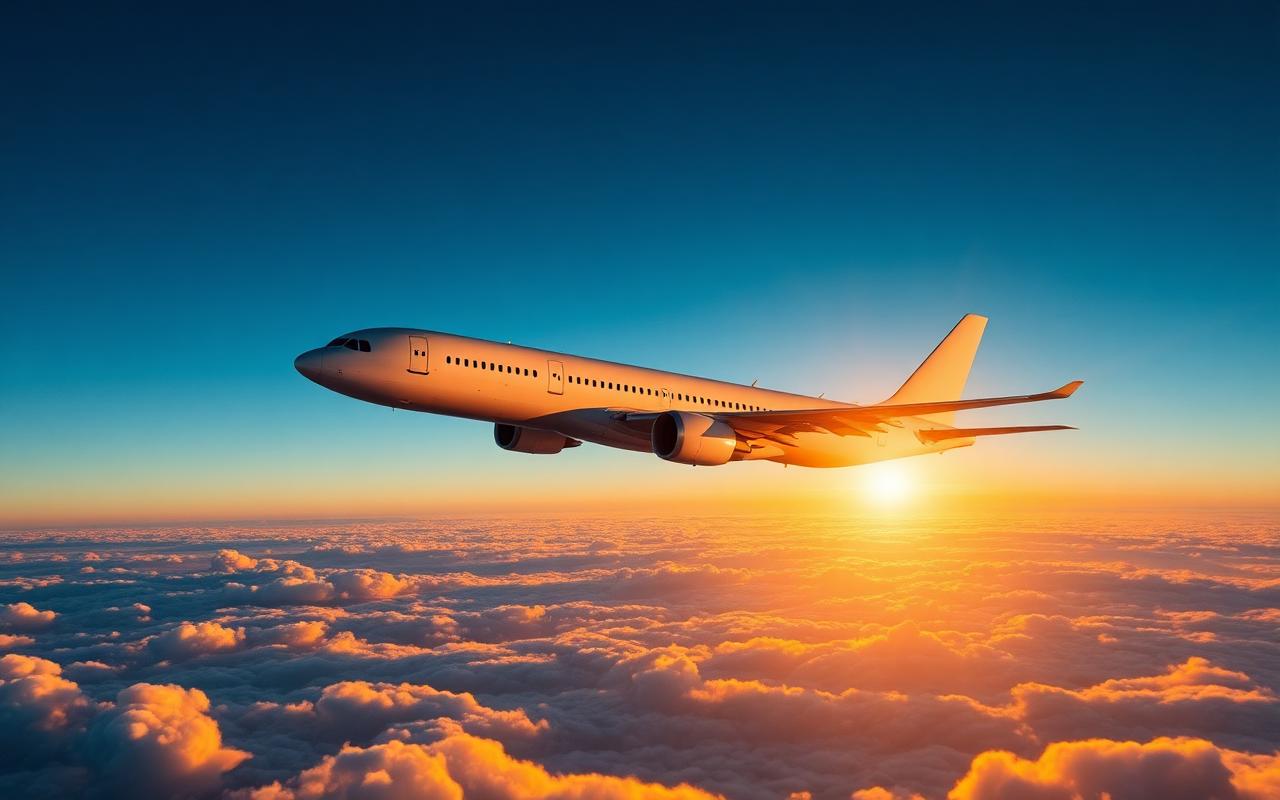 Avion de ligne en vol au coucher du soleil